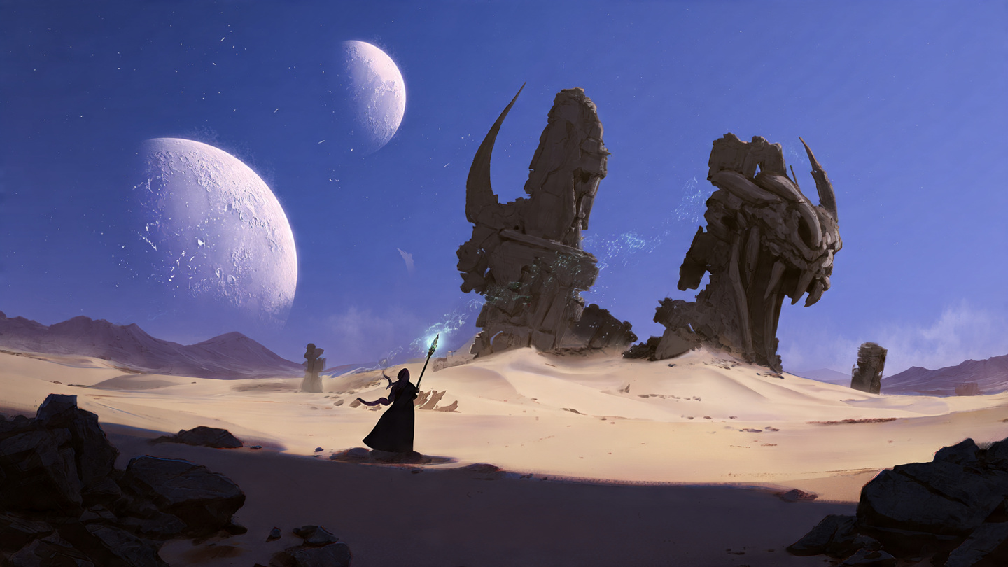 Desert of Two Moons with Ancient Ruins | 4K Fantasy Wallpaper